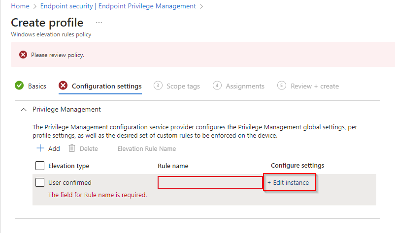 Endpoint Privilege Management configuration settings